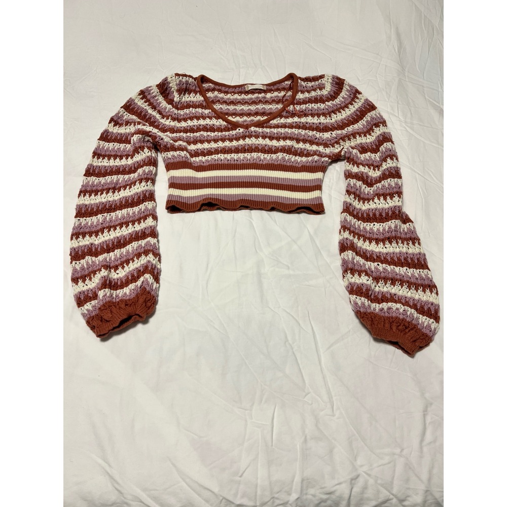 Altar'd State Womens Medium Striped Cropped Cotton Knit V-Neck Sweater V2010964